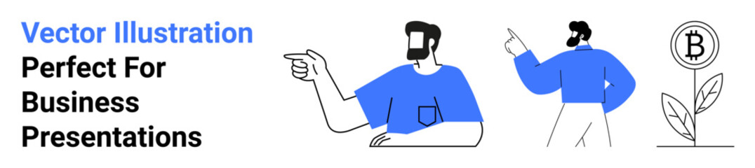 Two individuals pointing towards a growing plant with a Bitcoin sign, symbolizing investment and growth. Ideal for finance, cryptocurrency, teamwork, consultation, innovation, leadership, flat