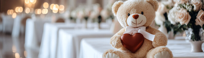 A cute teddy bear with a heart, set in a romantic dinner environment with soft lighting.