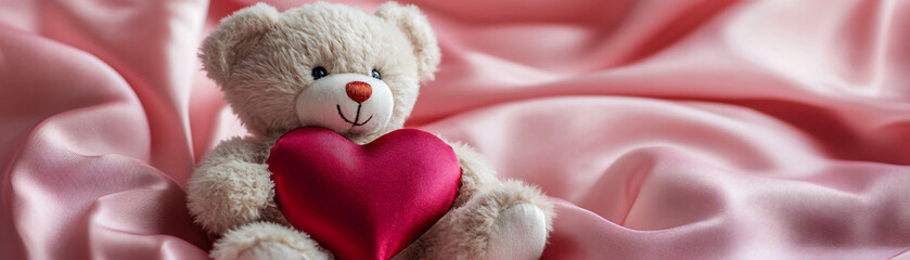 A cute teddy bear with a heart on soft pink fabric, perfect for love and affection themes.