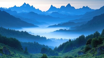 Obraz premium Serene Blue Mountain Landscape with Misty Valleys at Dawn, Ideal for Nature and Travel Themes