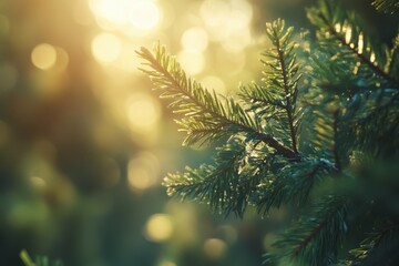 Golden Hour Glow Close-Up of Evergreen Fir Branch with Bokeh Sunlight