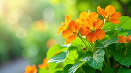 Vibrant Orange Flowers Blooming in Lush Green Foliage Under Soft Sunlight