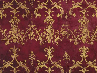 Luxurious Burgundy and Gold Damask Pattern Background, Elegant Wallpaper Texture.