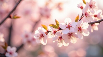 Delicate Pink Blossoms Illuminated by Soft Sunlight on a Branch