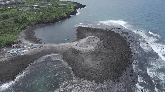 Comoros, Grande Comore, Foumbouni, ilot la Tcheka, small fishing harbor orbit right
