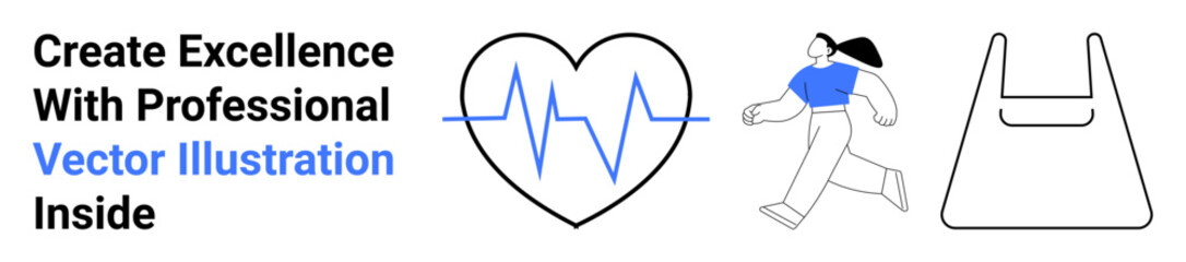 Heartbeat in heart shape, running figure in blue, and tote bag outline. Ideal for health, fitness, wellness, eco-friendly living, minimalism, sport themes modern web design flat landing page banner