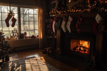 Cozy Christmas Living Room with Fireplace, Stockings, and Warm Sunlight