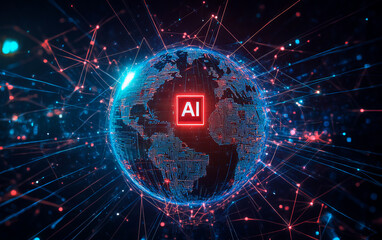 Glowing Earth with blue and red network lines on a black background. A red AI microchip shines at the center, symbolizing global technological progress.