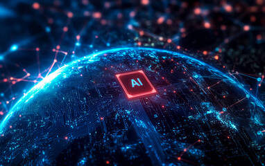 Glowing Earth with blue and red network lines on a black background. A red AI microchip shines at the center, symbolizing global technological progress.
