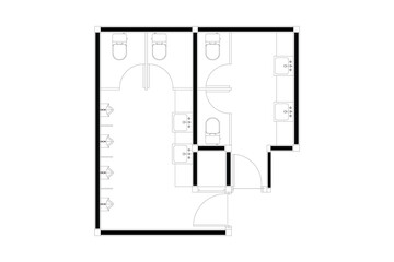 2 dimension of layout public toilet gent and ladies of interior design plan, black lines on white background. Set 5
