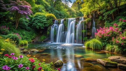 Obraz premium Waterfall in serene forest setting with lush greenery and vibrant wildflowers surrounding the natural water feature