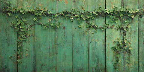 Fototapeta premium Green Weathered Wooden Fence with Climbing Vine Border.