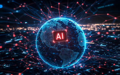 Glowing Earth with blue and red network lines on a black background. A red AI microchip shines at the center, symbolizing global technological progress.