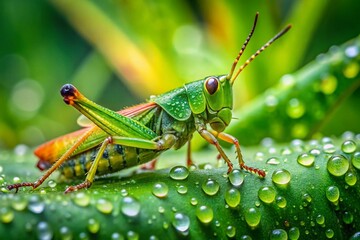 Fototapeta premium Macro Photography: Rain-Kissed Grasshopper - Vibrant Green Insect Close-Up