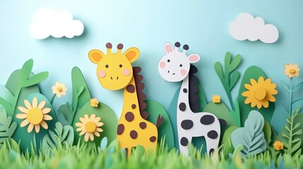 Naklejka premium Two playful paper giraffes in a vibrant landscape.