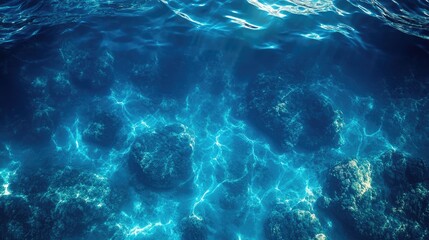 Fototapeta premium Underwater scene showcasing clear blue water over rocky seabed with sunlight filtering through