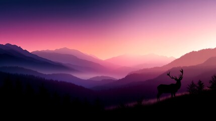 Majestic deer in the silhouette against a colorful mountainous landscape
