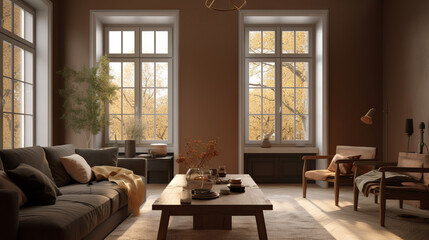 A cozy living room featuring a deep red velvet sofa with white cushions