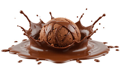 Chocolate Ice Cream Dripped into Chocolate Splash on transparent background.