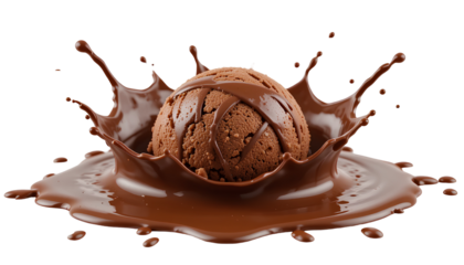 Chocolate Ice Cream Dripped into Chocolate Splash on transparent background.