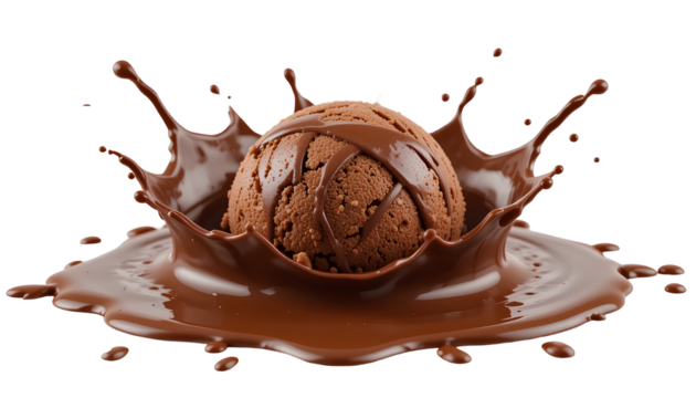 Chocolate Ice Cream Dripped into Chocolate Splash on transparent background.