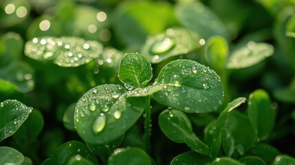 Fototapeta premium Fresh Green Leaves with Water Droplets in Natural Light Showcasing the Beauty of Nature Details and Vibrant Colors, Perfect for Eco-Friendly and Wellness Themes