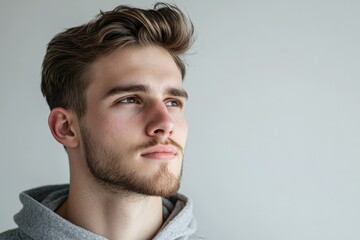 Obraz premium Thoughtful Young Man in Casual Hoodie Against Minimalist Background