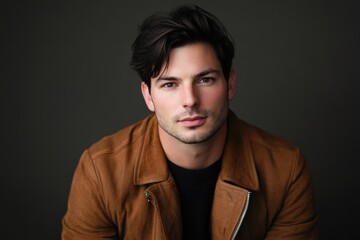 Obraz premium Stylish Young Man in Brown Jacket Posing Against Dark Background