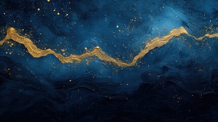 Elegant Dark Blue and Gold Abstract Art Background with Textured Brush Strokes and Golden Sparkles.