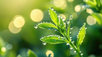 Close-Up of Fresh Green Leaves with Dew Drops and Softly Blurred Background, Capturing the Beauty of Nature in Morning Light and Serenity