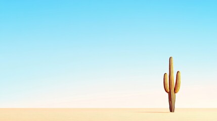 A solitary cactus stands in a vast desert landscape under a clear blue sky at sunset