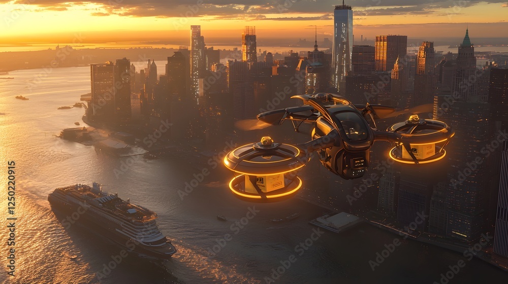 Poster a futuristic delivery drone soaring above an illuminated cityscape packages visible as it navigates 
