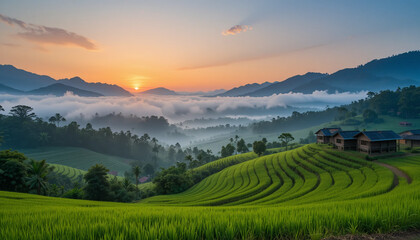 Misty sunrise over Chiang Mai's terraced rice fields, framed by lush green mountains and traditional wooden huts.