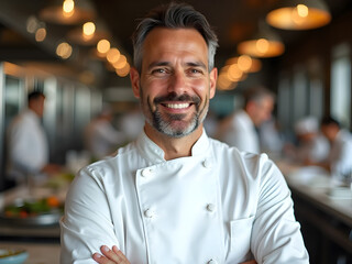 A Chef’s Gracious Smile in a Luxury Hotel Kitchen: A close-up of an executive chef’s gracious smile while overseeing the preparation of a fine dining menu in a luxurious hotel kitchen.