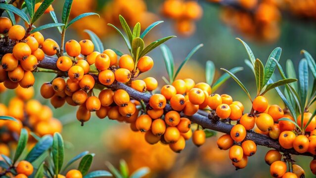 Close-up of vibrant sanddorn berries on a branch, nature photography, branch,  nature photography, branch, foliage, sanddorn