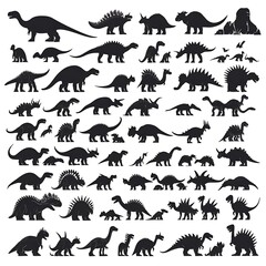Dinosaur silhouettes, various sizes, different types, prehistoric era