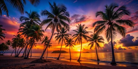Obraz premium Magical Sunset: Gradient Sky, Palm Trees, Tropical Beach