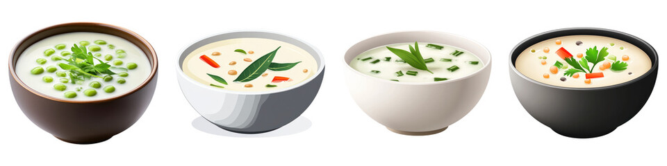 variety of bowls filled with Thai sweet mung bean in coconut milk, showcasing vibrant colors and textures