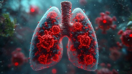 Fototapeta premium This surreal image depicts human lungs affected by viruses, showcasing the stark contrast between respiratory health and viral invasion, emphasizing the importance of respiratory wellness