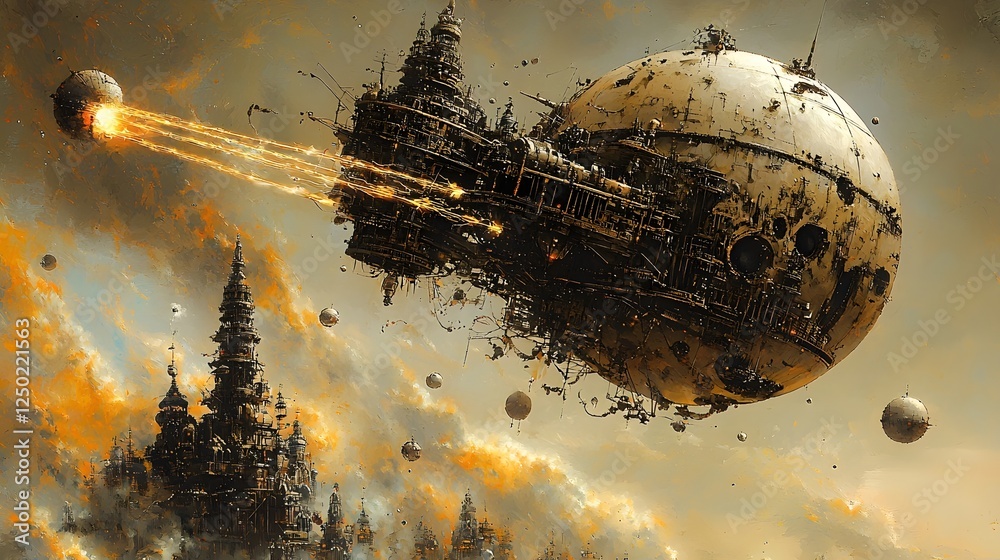 Poster aerial battle between two futuristic vimana spacecraft wielding beams of destructive energy in a dra