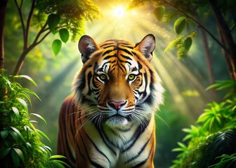 Fototapeta premium Majestic Bengal Tiger in Lush Jungle Habitat - Wildlife Stock Photo