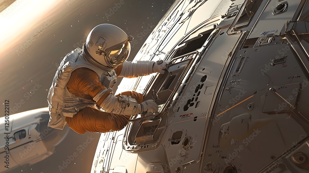 Poster astronaut floating in zero gravity outside spacecraft repairing damaged power panel to restore space