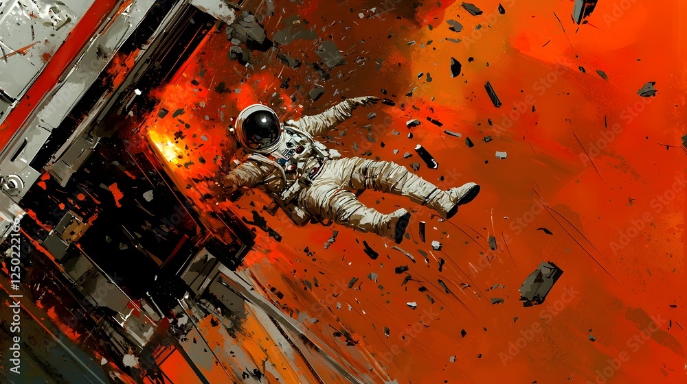 Poster Astronaut navigating a chaotic field of space debris after a catastrophic explosion dodging and maneuvering through the dangerous environment to find safety