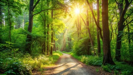 Fototapeta premium A winding dirt path disappears into the dense foliage of a lush forest, with trees towering above and sunlight filtering through the leaves, nature escape, winding road