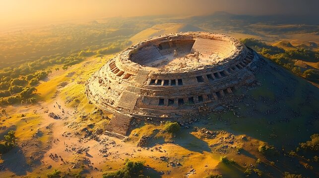 Aerial view of an ancient archaeological site revealing a buried and hidden vimana craft under the ruins of a pyramid at sunset