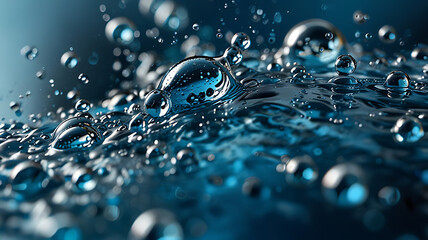 High-resolution close-up of oxygen bubbles rising in clear blue mineral-enriched water for refreshing hydration