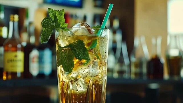 Refreshing cocktail with mint leaves and ice served in a bar setting during an evening gathering