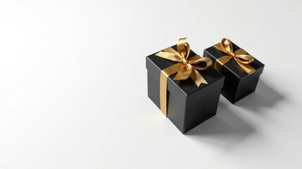 Elegant black gift boxes with gold ribbons on white background
