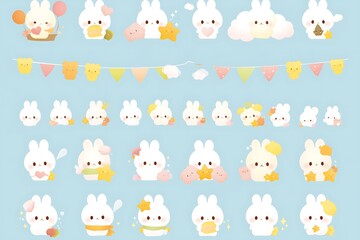 Obraz premium Cute bunny characters, celebration, pastel background, stars & clouds