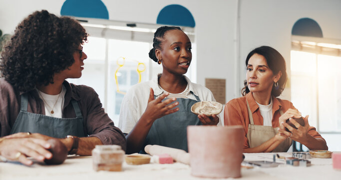 Woman, pottery and discussion with group, teaching and sculpture for art, choice and process for results. People, coach and advice for creativity, listening and learning with diversity in course
